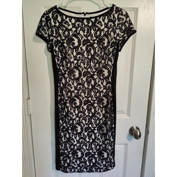 Lauren Ralph Lauren Ivory & Black Lace Bodycon Knee-Length Short Sleeve Dress 4 - Picture 8 of 11